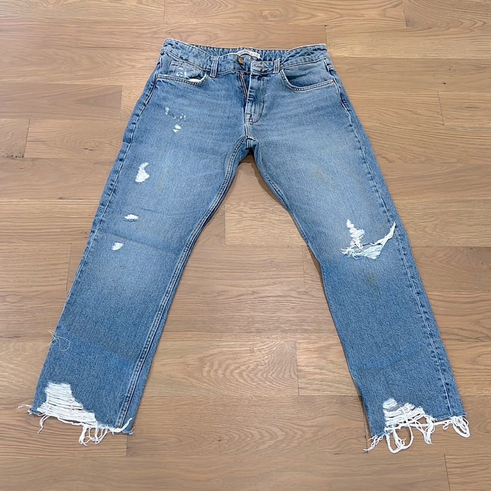 Zara Denim Ankle Length Distressed Boyfriend Jeans Sz4 Like Vintage Levis